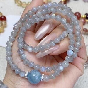 SOLD~Elegant 3 layers Gray Moonstone and Aquamarine Beaded Bracelet